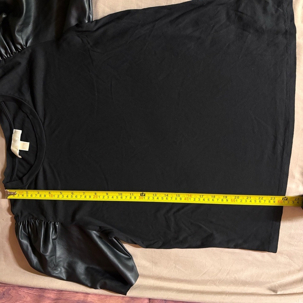 Michael Kors Black Puff Sleeve Top Faux Leather Mixed Media XL - Picture 10 of 10